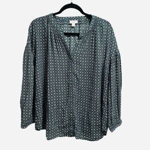 J. Jill green white geometric flowy boho career wear blouse top